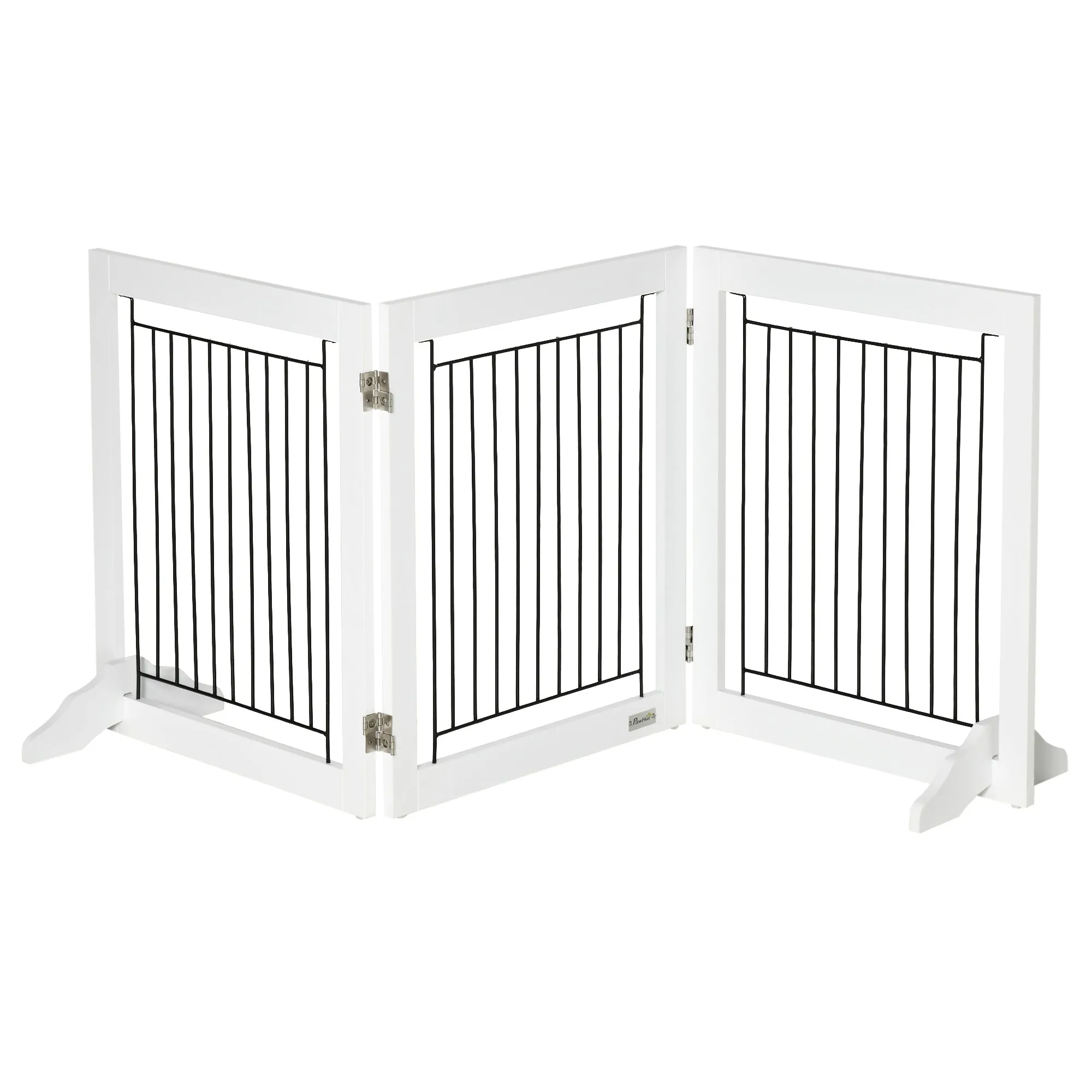 Dog Gate, Freestanding Pet Gate, Wooden Puppy Fence Foldable Design with 61 cm Height 3 Panels, 2 Support Feet, for House Doorway Stairs White