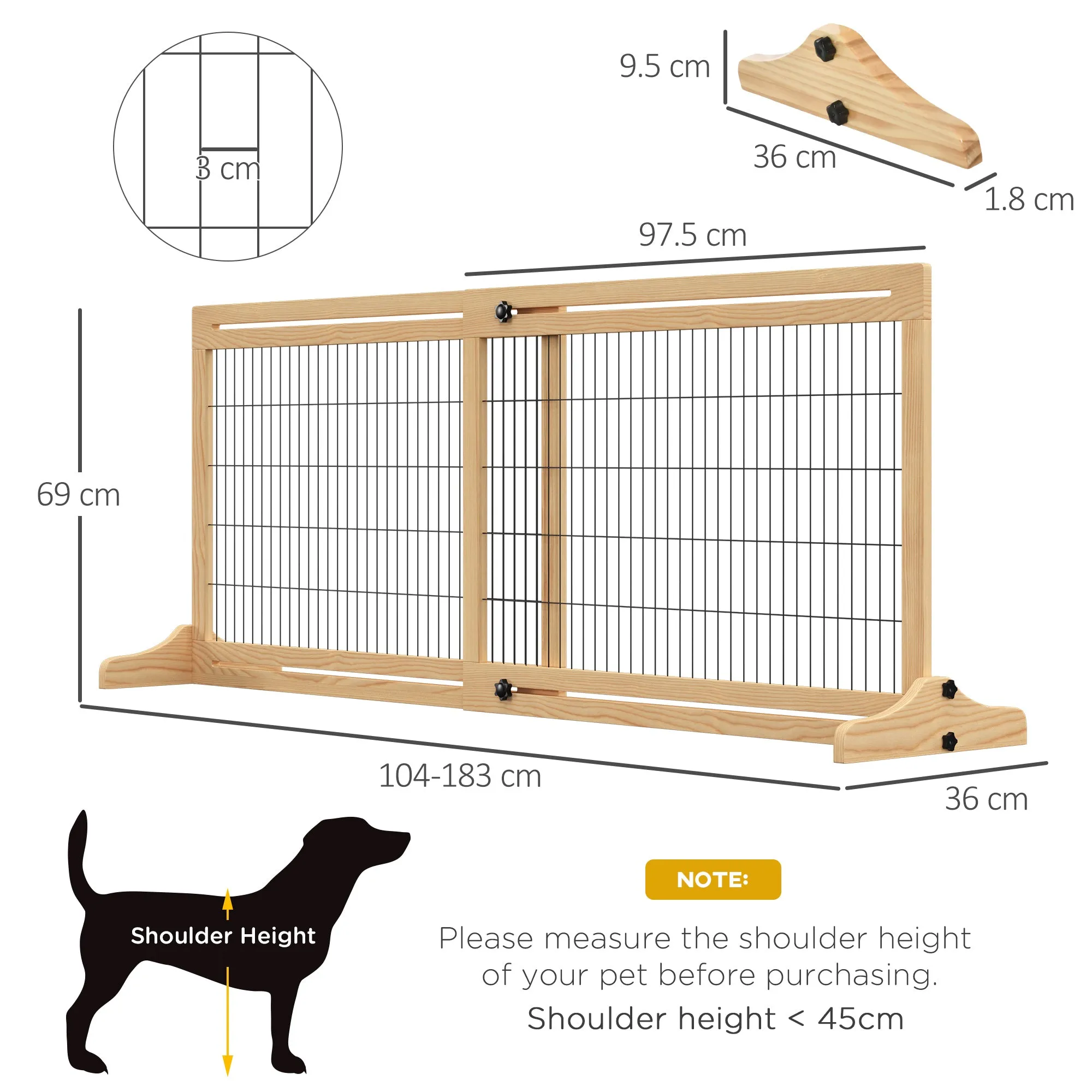 Freestanding Dog Barrier / Gate with Support Feet - 69H x 104-183 cm