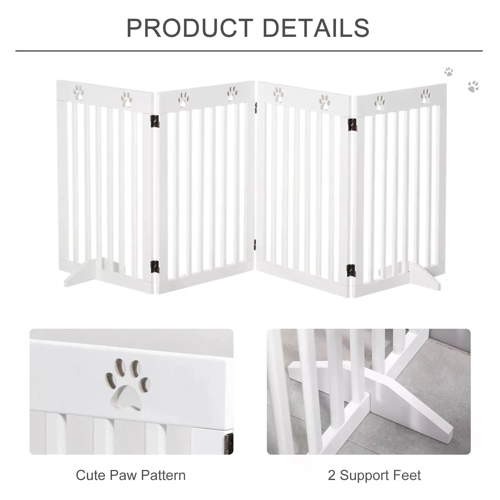 Pet Gate 4 Panel Wooden Foldable Fence Freestanding Dog Safety Barrier with 2 Support Feet for Doorways Stairs 80'' x 30'' White