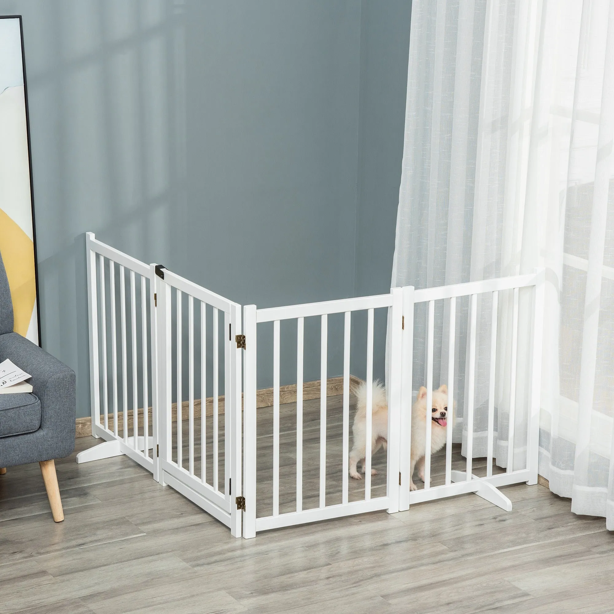Pet Gate for Small and Medium Dogs, Freestanding Wooden Foldable Dog Safety Barrier with 4 Panels, 2 Support Feet for Doorways,Stairs,White