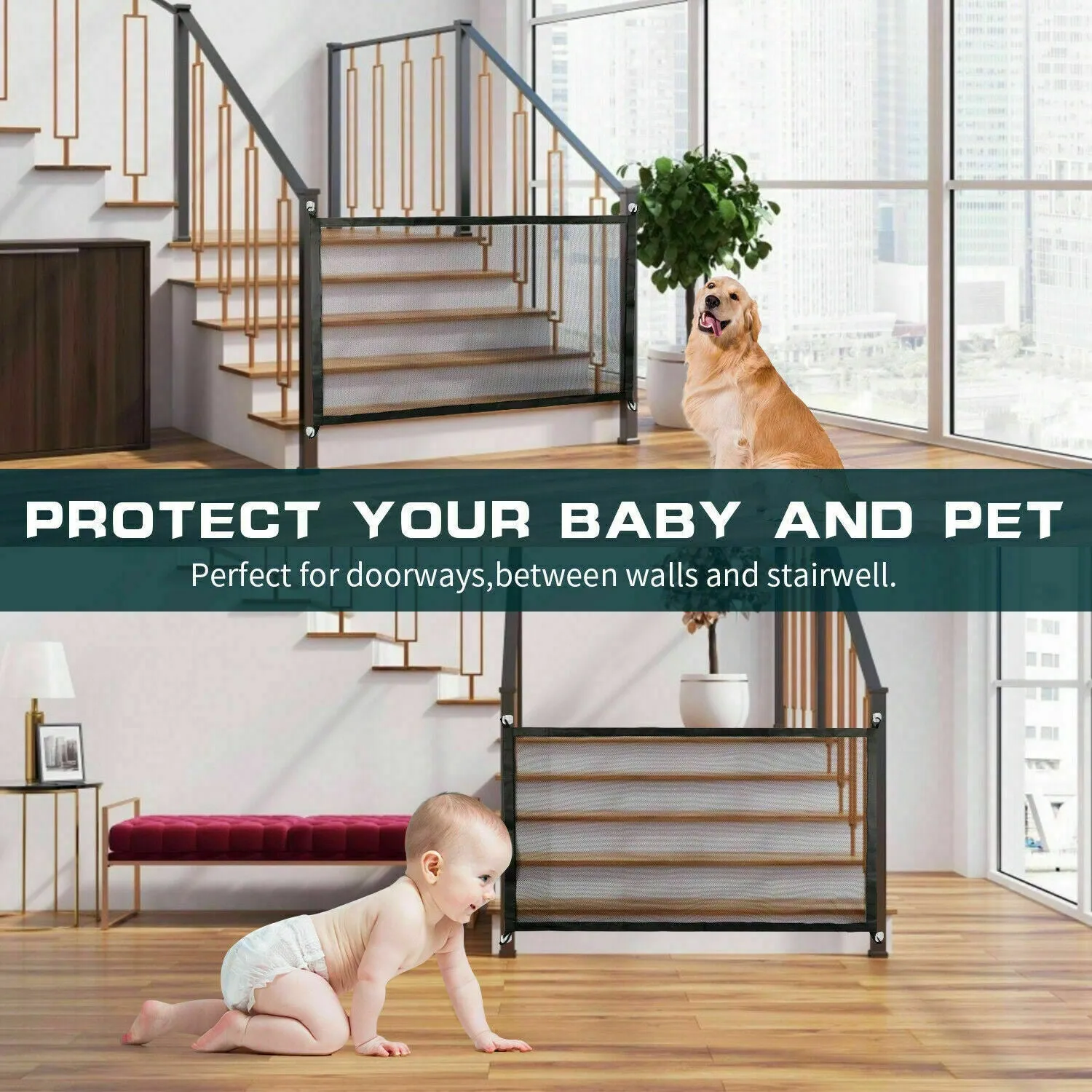 Pets Dog Cat Baby Safety Gate Portable Mesh Fence for Stairs Doors