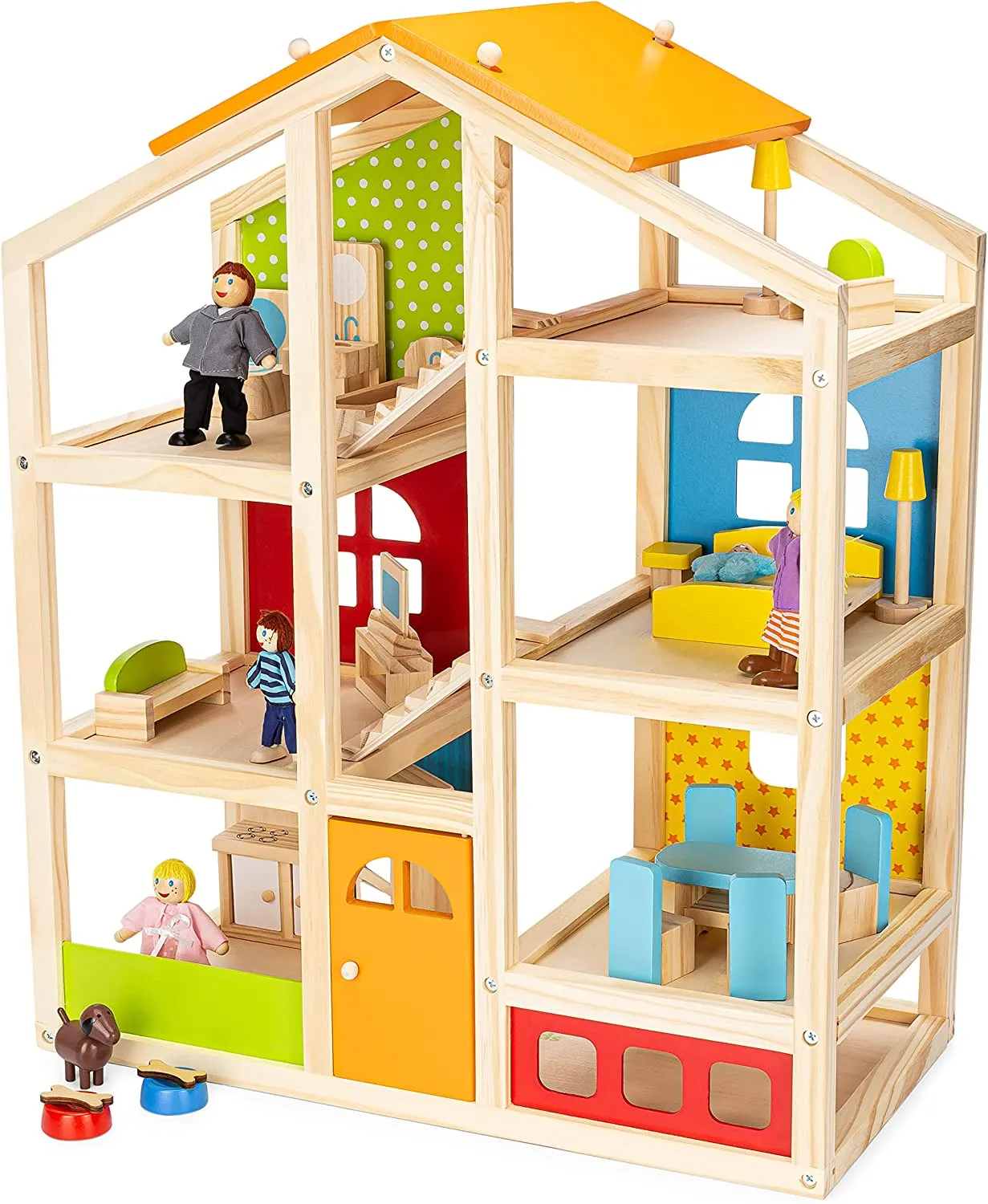 PIDOKO KIDS Skylar Wooden Dollhouse - Includes 20 Pcs Furniture Accessories, 5 Family Dolls and a Pet Dog - Wood Doll House for 3 4-5 Year Old Girls & Boys