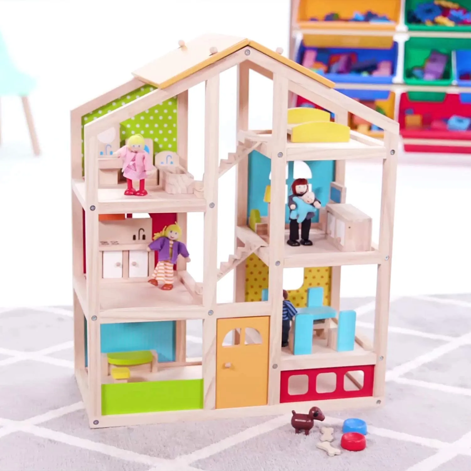 PIDOKO KIDS Skylar Wooden Dollhouse - Includes 20 Pcs Furniture Accessories, 5 Family Dolls and a Pet Dog - Wood Doll House for 3 4-5 Year Old Girls & Boys