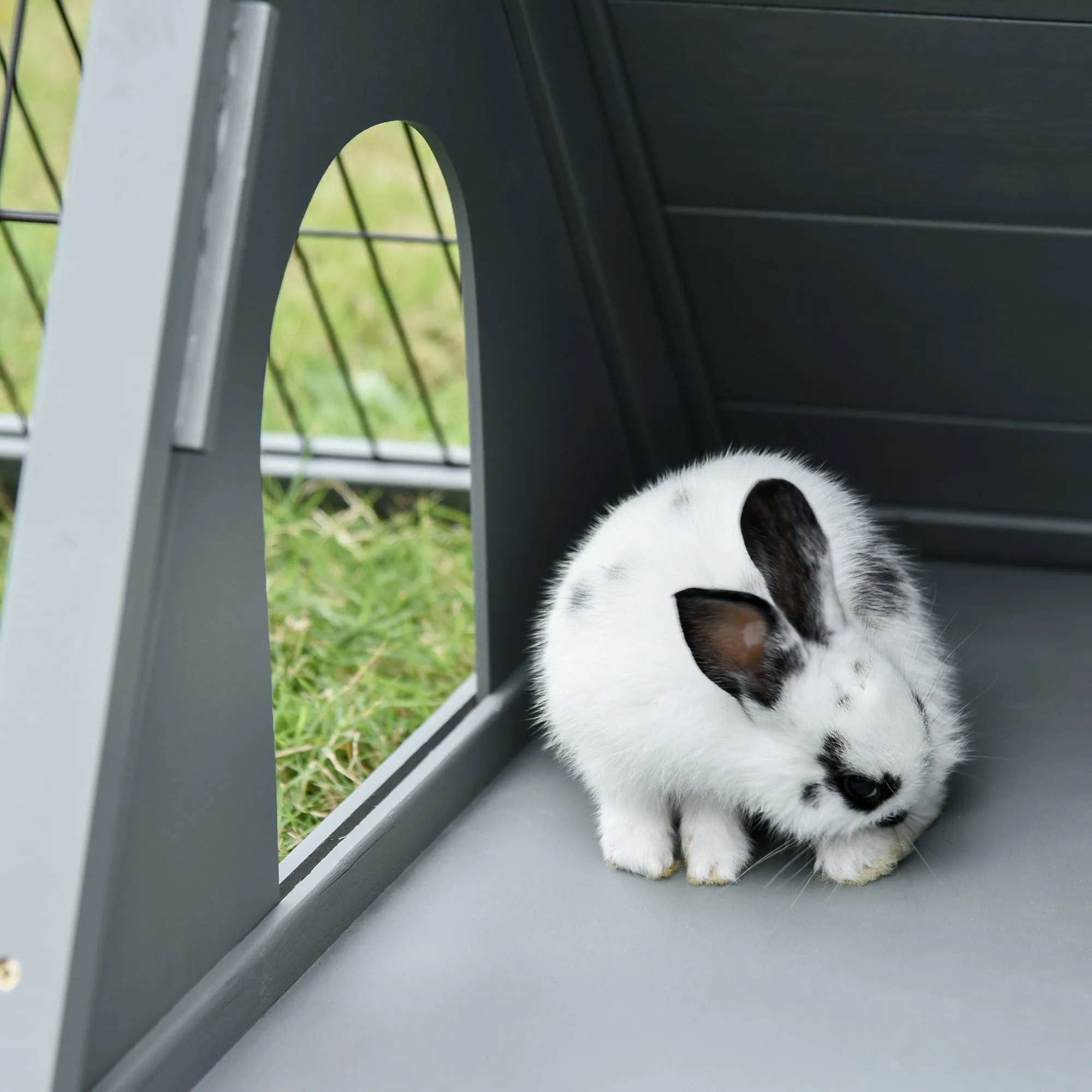 Wooden Rabbit Cage Small Animal Hutch w/ Outside Area - Grey