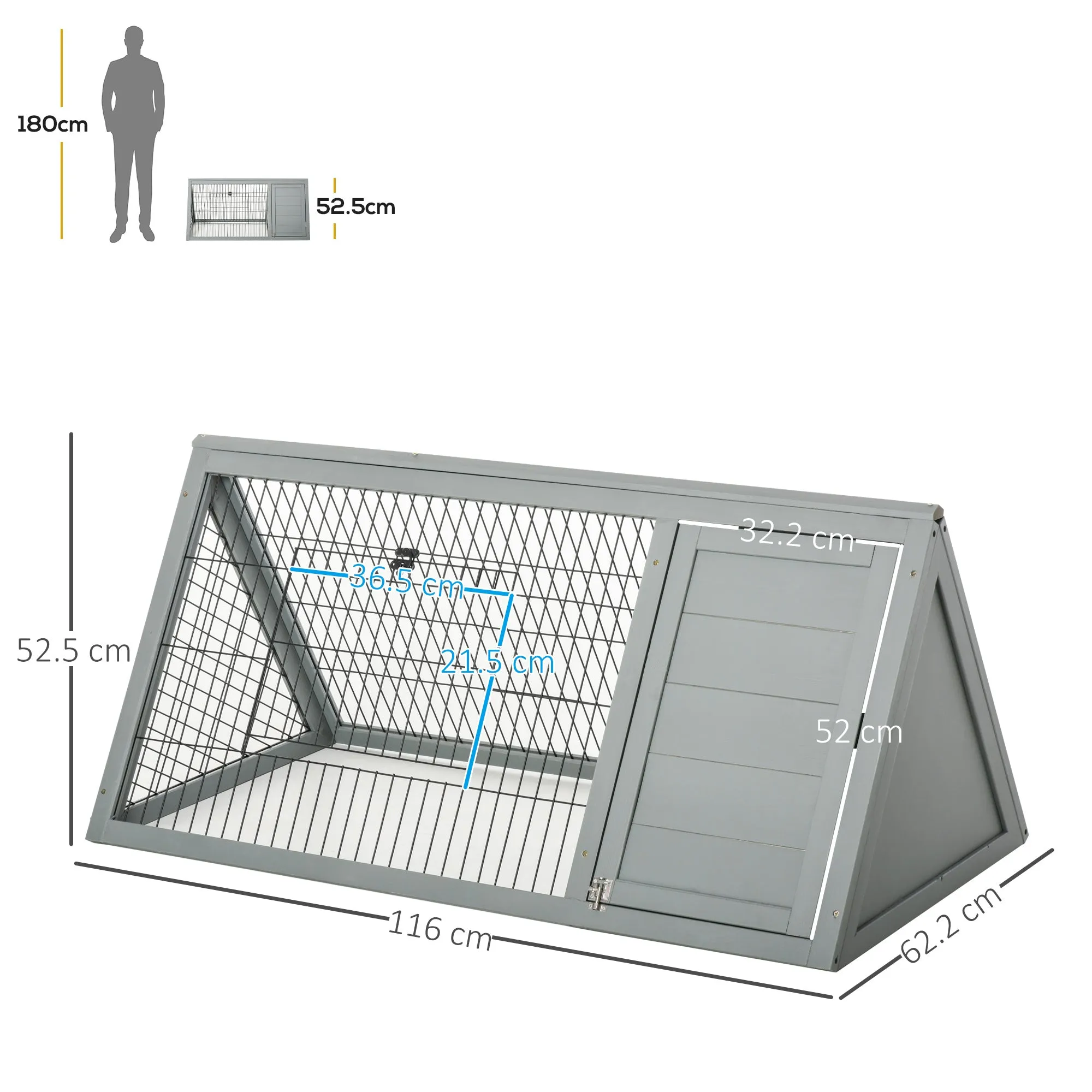 Wooden Rabbit Cage Small Animal Hutch w/ Outside Area - Grey